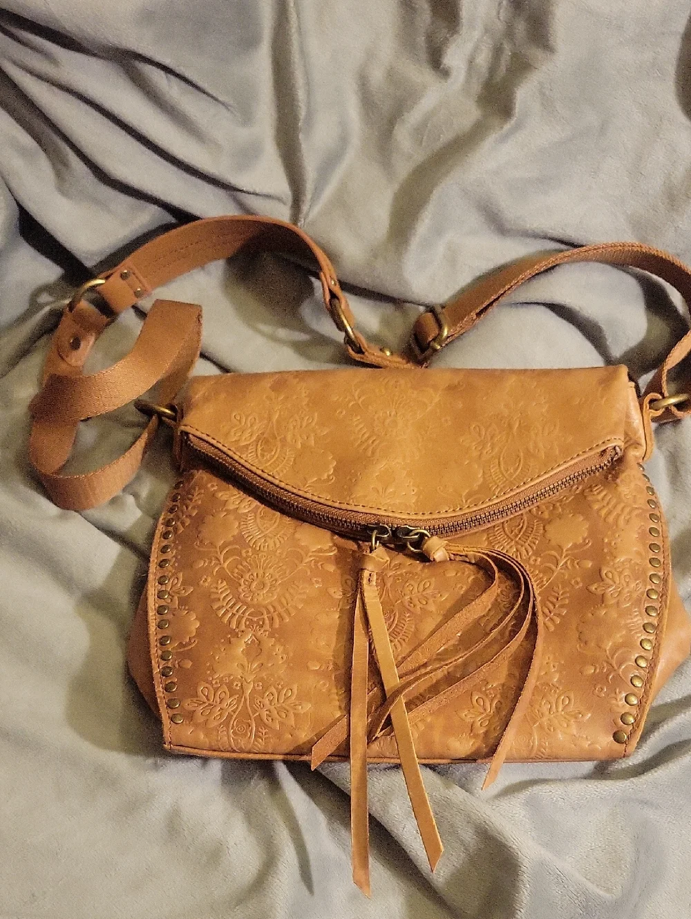 The Sak Tan Embossed Leather Crossbody with Tassel - Picture 1 of 8
